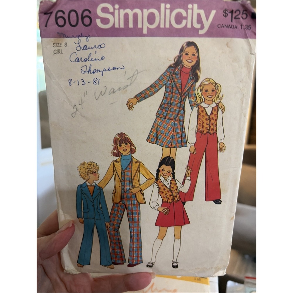 Vintage Simplicity 7606 Sewing Pattern Girls Jacket Vest Pants Skirt 1976 Sz 8